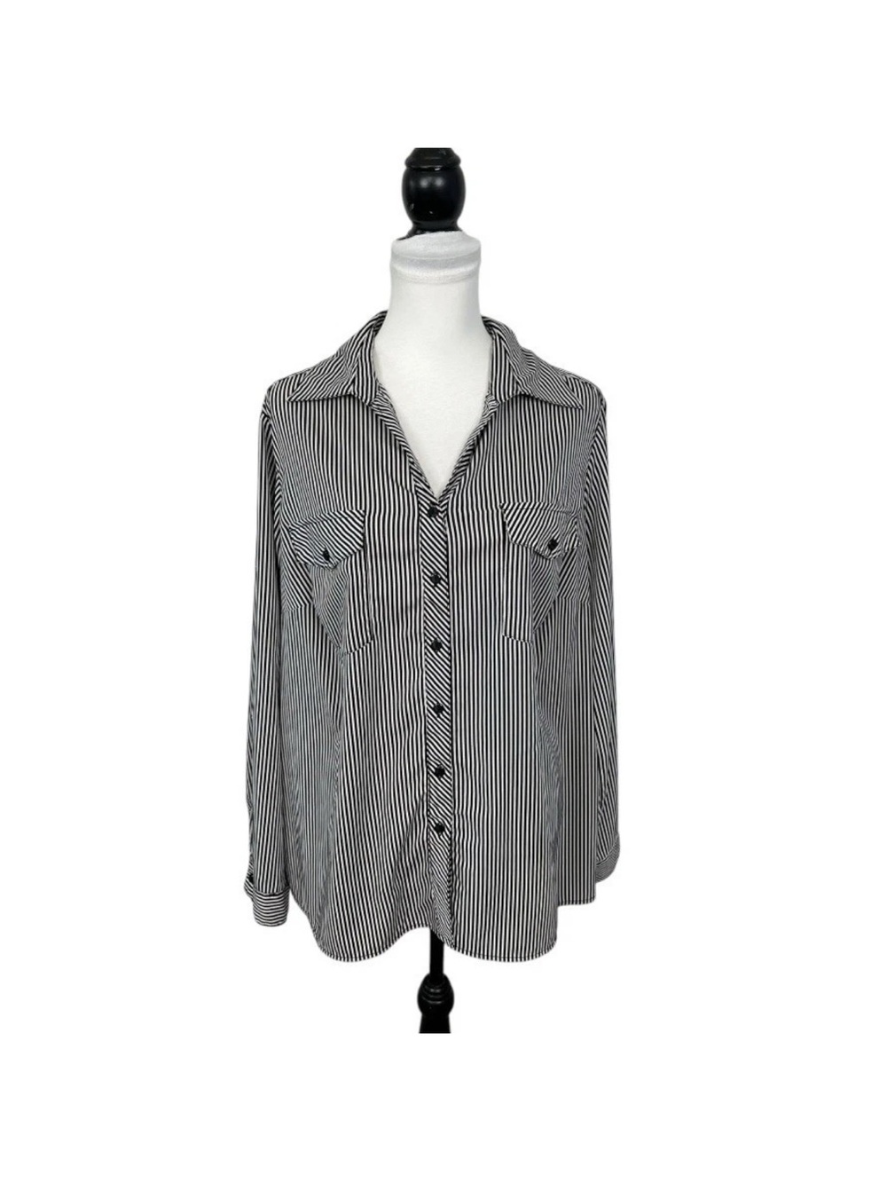 Notations Blouse Plus Size 2X Striped Black White Collared Button-Down Roll Tab